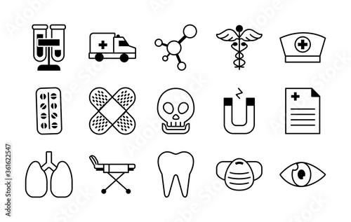 set of skull and medical icons, line style