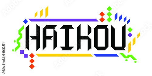 Colorful vector logo font of the city of Haikou, in a geometric, playful finish. The abstract Asiatic ornament is a great representation of a tourism-oriented, dynamic, innovative culture of China.