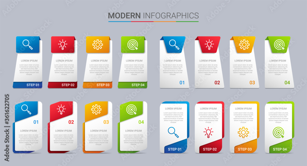 Colorful timeline infographic template with 4 steps on gray background, vector illustration Colorful timeline infographic template with 4 steps on gray background, vector illustration