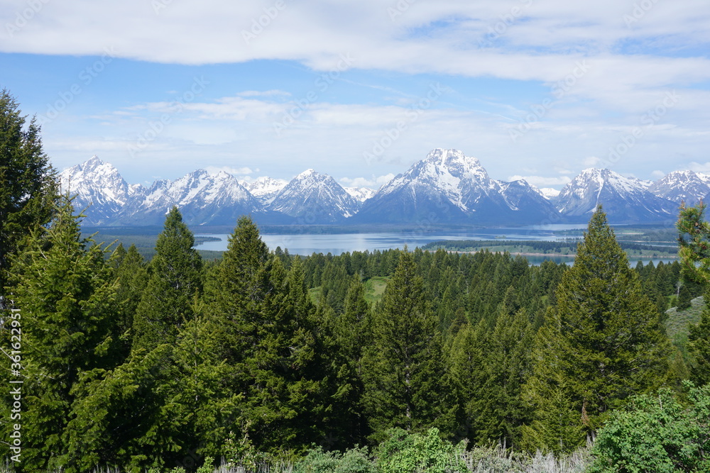 View of the Grand Teton Mountain Range near Jackson Lake - Grand Teton National Park, USA