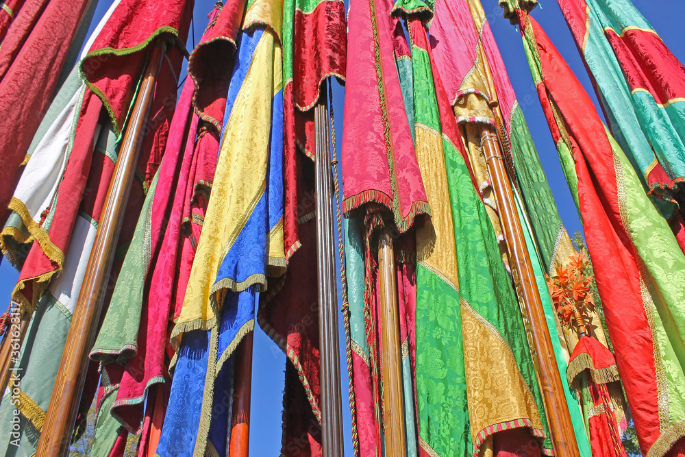 A detail of the colorful flags called 