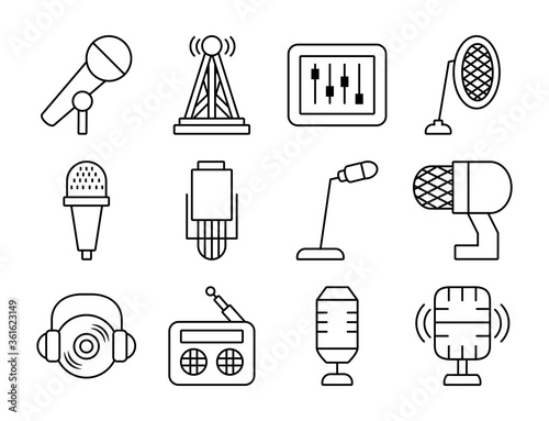 desk microphone and microphones icon set, line style