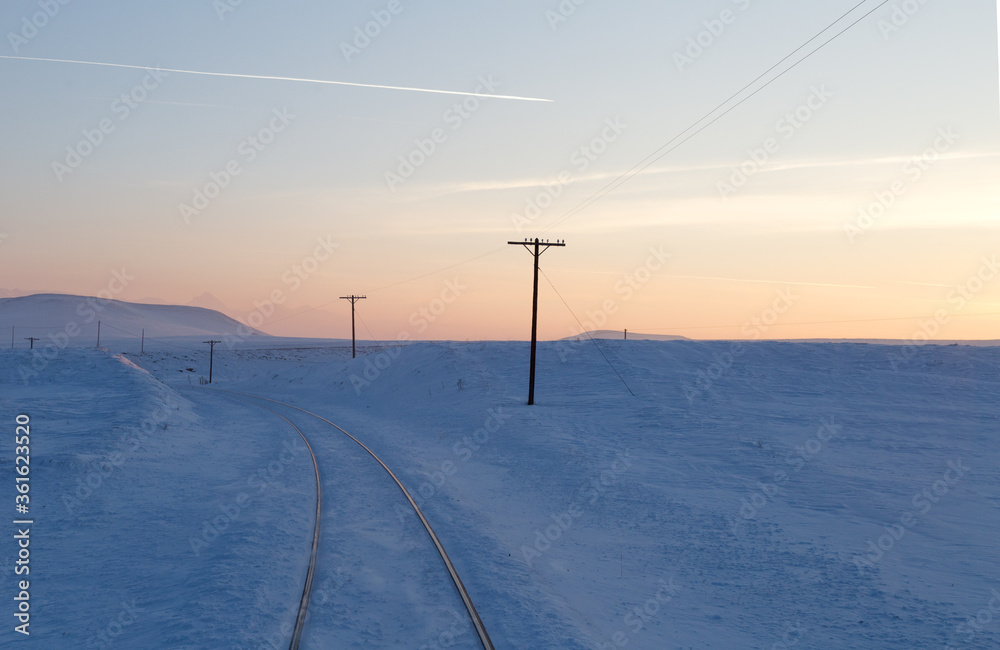 Snowy railway in winter. Winter background.