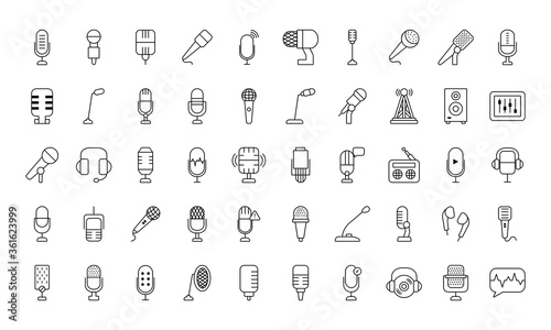 podcast and microphones icon set, line style photo