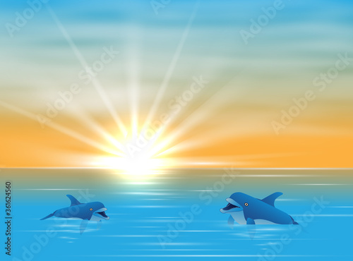 Dolphin in sea realistic and colored composition two dolphins swim in water and sun ryes break through water vector illustration