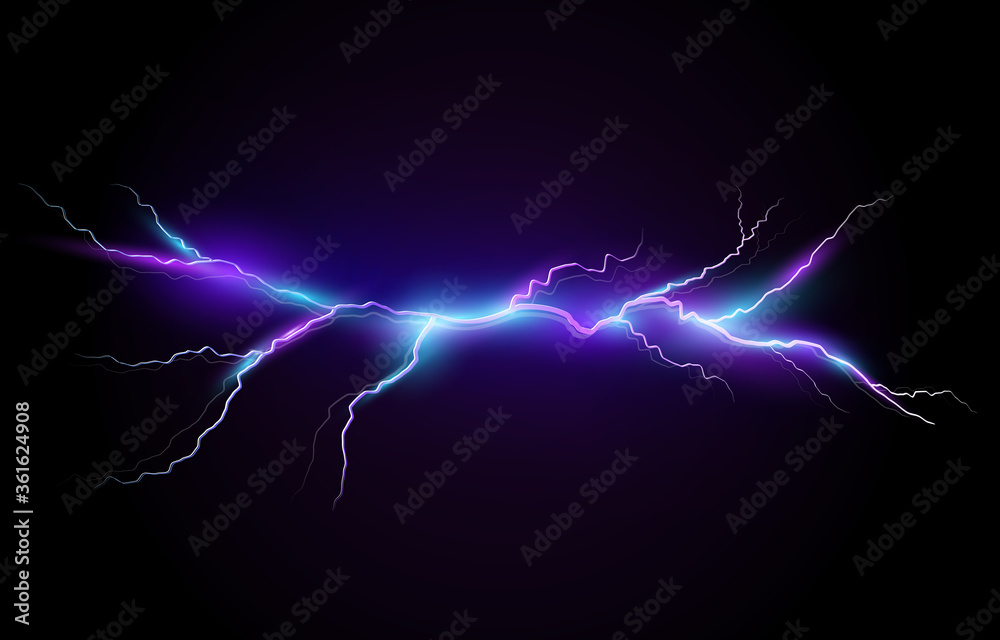 Vector illustration of a realistic style of bright glowing lightning isolated on a dark background, natural light effect. Magic white thunderstorm lightning, print, pattern