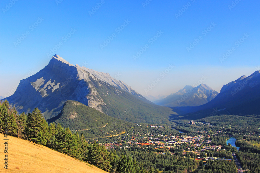 Aerial view on Banff village from the view point on the hill of Mt. Norquay in Banff National Park, AB.