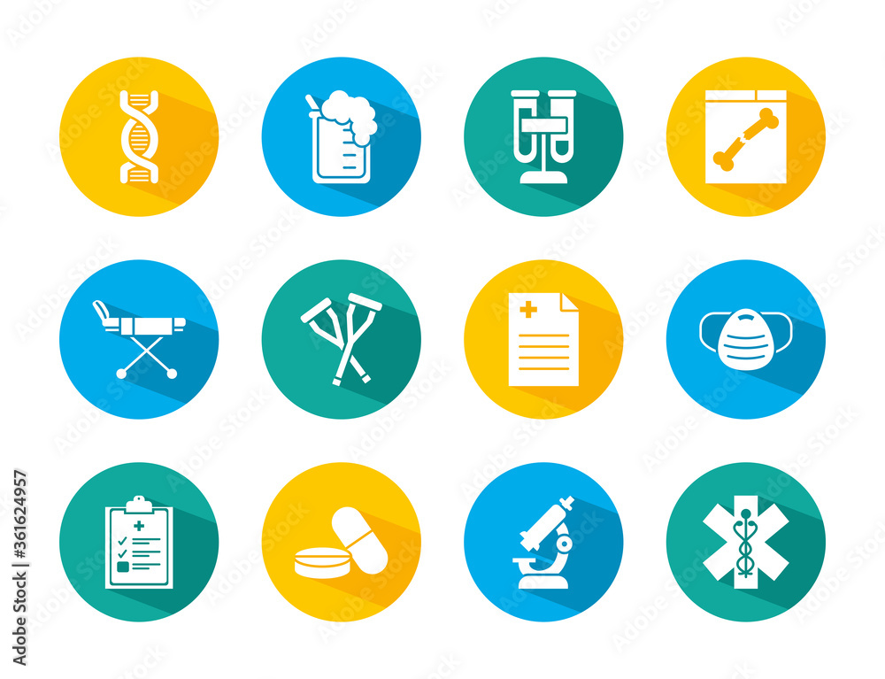 dna chain and medical icon set, block style dna chain and medical icon set, block style