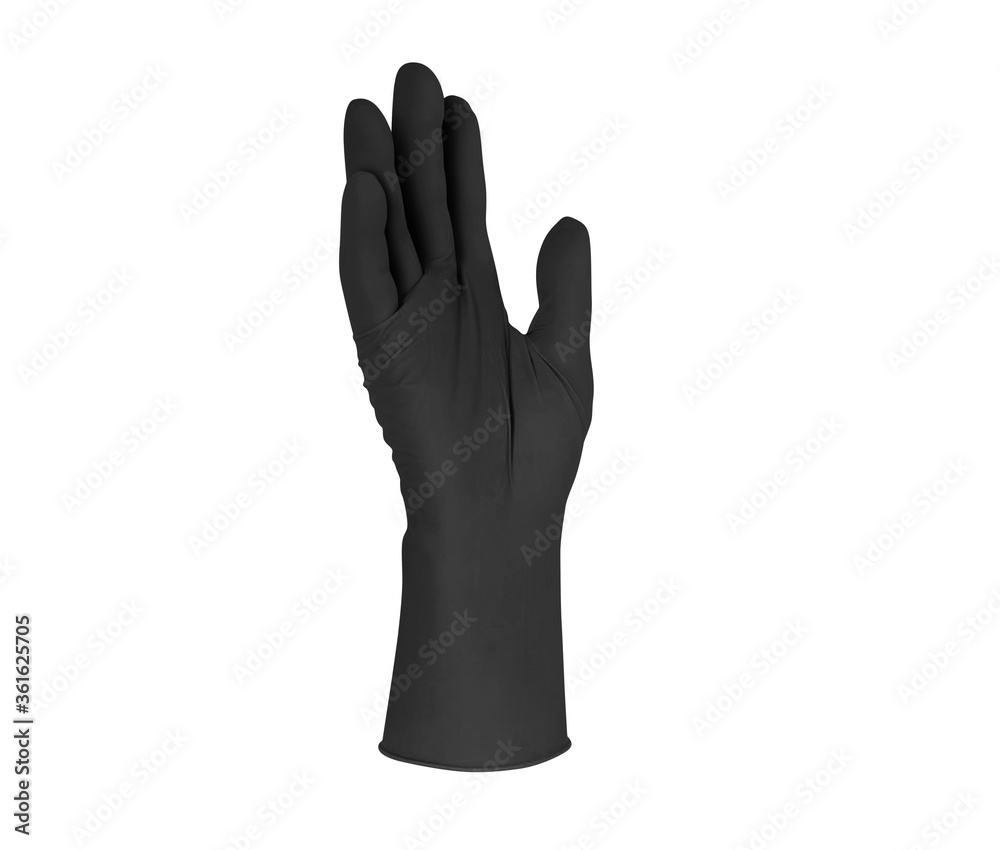Black surgical medical gloves isolated on white background with hands. Rubber glove