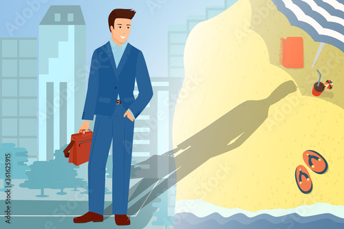 Happy businessman in a business suit dreaming about vacation. Summer holidays on the beach, multi-storey buildings in the city. Vector in a flat style.