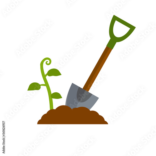 Shovel. Digging hole. Wood brown tool. Cartoon flat illustration. Element of farms and villages. Harvest. Pile of earth