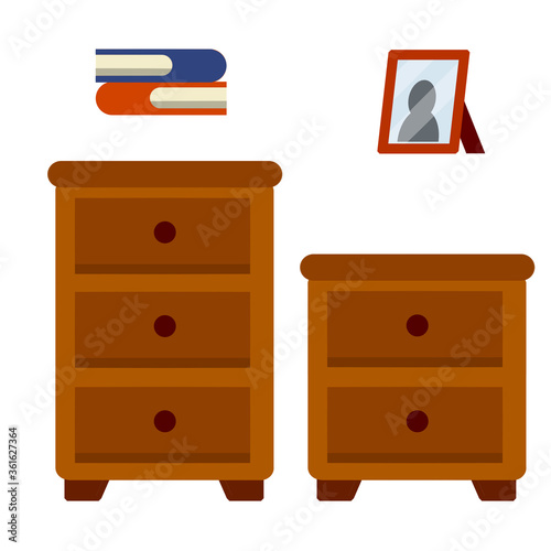 Nightstand and small wardrobe. Brown wooden furniture with drawers. Element of the room interior. Bedside table. Flat cartoon