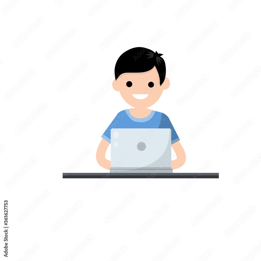 Man is sitting at table with laptop. Training and education. Work as programmer and freelance. Young man. Hobbies and entertainment. Cartoon flat illustration. Man is sitting at table with laptop. Training and education. Work as programmer and freelance. Young man. Hobbies and entertainment. Cartoon flat illustration.