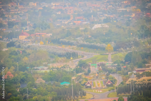 Aerial landscape view of the Royal Flora Ratchaphruek National Park. Chiang Mai, Thailand, view from hill at Wat Phra That Doi Kham.