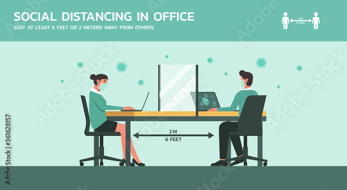 businessman and businesswoman working in office with plastic screen on desk wearing mask and maintain social distancing to prevent coronavirus disease, new normal lifestyle, vector flat illustration