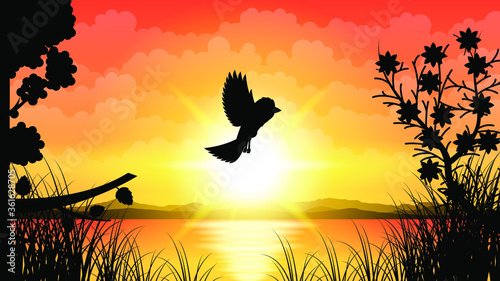 Abstract Orange Sky Nature Background Vector With Silhouette Birds And Sun Design Style