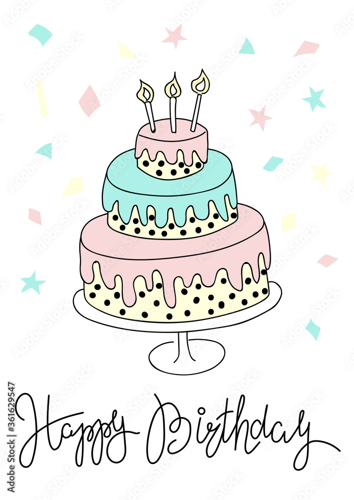 Greeting card with cake and typography Happy Birthday. Doodle, flat vector illustration in trendy pastel colors. Greeting card with cake and typography Happy Birthday. Doodle, flat vector illustration in trendy pastel colors.