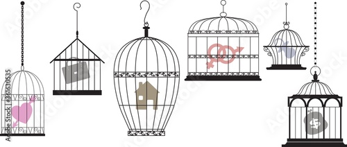 Symbols of personal interests and feelings locked in separate cages as a metaphor for a psychological compartmentalization, EPS 8 vector illustration
