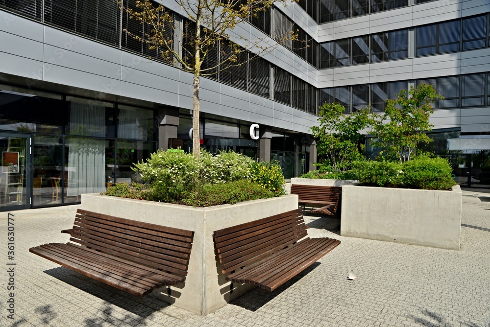 Rest area in the business park. Benches and greenery among skyscrapers. Wooden benches in the park between office buildings.