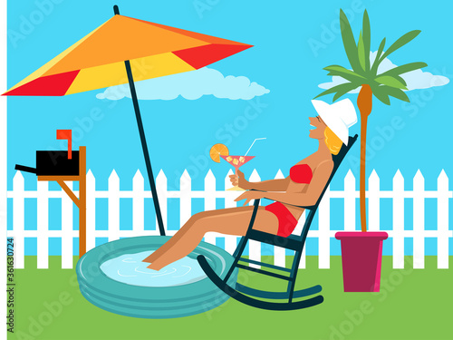 Woman enjoying a staycation at the backyard under an umbrella in her own backyard, EPS 8 vector illustration	