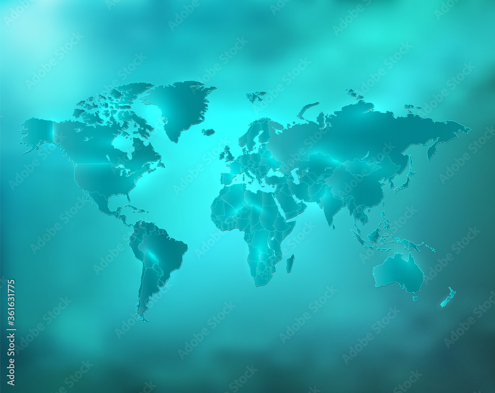 World map blue turquoise sky with separate states and glowing neon light blank World map blue turquoise sky with separate states and glowing neon light blank