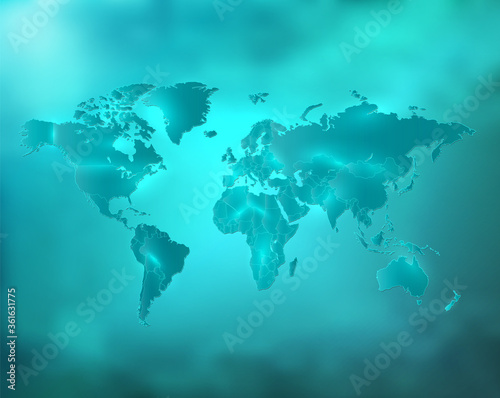 World map blue turquoise sky with separate states and glowing neon light blank