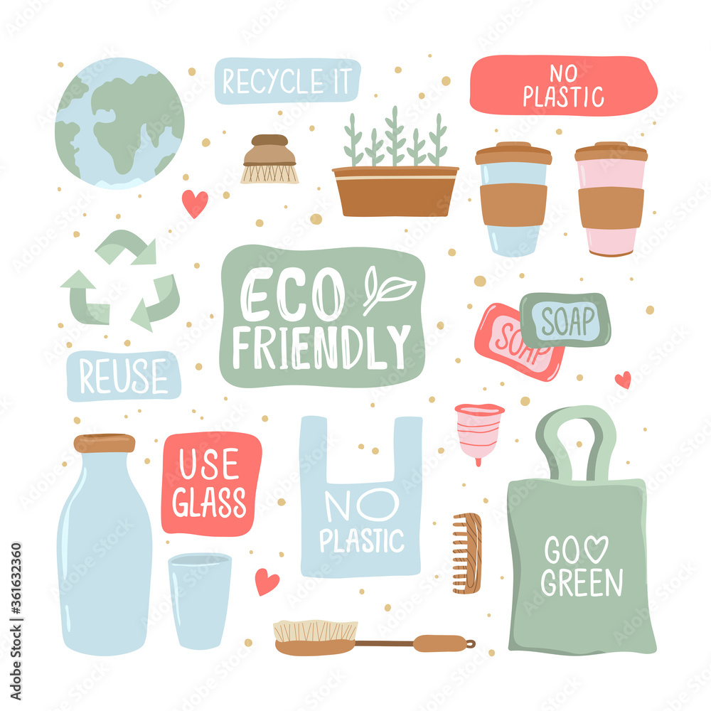 Go green! Zero waste web banner, eco tips infographic. Lifestyle Save the planet! Earth Day. Hand drawn cute planet Earth and various eco objects. Hand drawn colored vector set. Eco world Go green! Zero waste web banner, eco tips infographic. Lifestyle Save the planet! Earth Day. Hand drawn cute planet Earth and various eco objects. Hand drawn colored vector set. Eco world