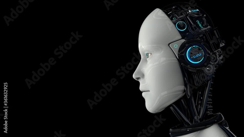 A humanoid robot on a black background turns on and raises its head. Static camera. 4K. 3D animation. photo