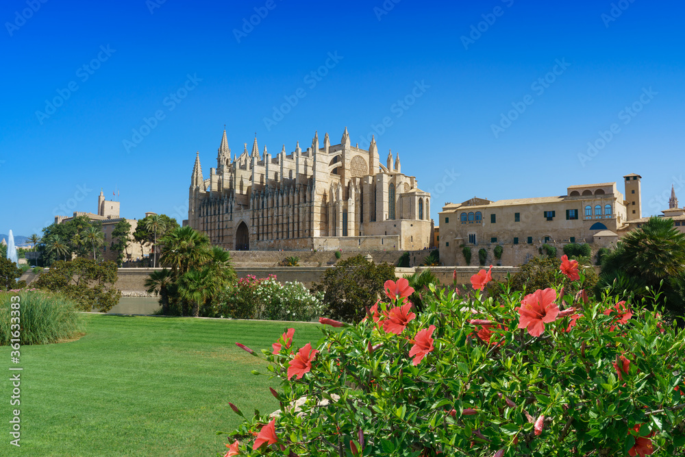 Garden and The Cathedral of Santa Maria of Palma, also La Seu is a Gothic Roman Catholic cathedral located in Palma, Mallorca, Spain.