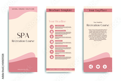 Minimalistic spa and healthcare design brochure. Flyer template with elements of medicine, spa, ayurveda, yoga and natural organic topics.