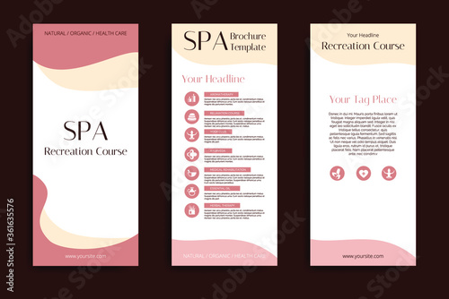 Minimalistic spa and healthcare design brochure. Flyer template with elements of medicine, spa, ayurveda, yoga and natural organic topics.