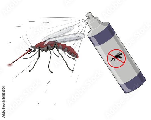 Aerosol spray on a mosquito. Drawing isolated on a white background. Stock vector illustration.