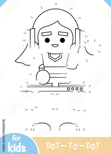 Numbers game, dot to dot game for children, DJ girl in headphones and mixing console