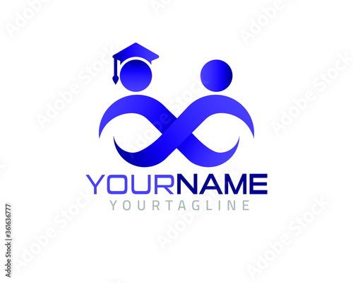infinity education e-learning logo with teacher and student with infinity sign minimalist
