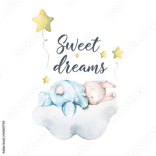 Hand drawing watercolor сhildren's illustration- cute little bunny sleeping on the cloude with yellow stars. illustration isolated on white