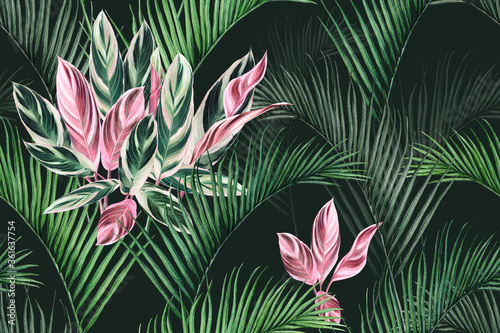 Watercolor painting colorful coconut,green,pink leaves seamless pattern background.Watercolor hand drawn illustration tropical exotic leaf prints for wallpaper,textile Hawaii aloha summer style.