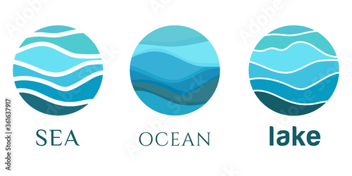 Sea waves, ocean, lake, river flow, water abstract vector pattern logo blue. Logo template, sticker, badge, icon, pictogram for tourism, voyage, cruise travel. Vector collection. © IrkoValenko