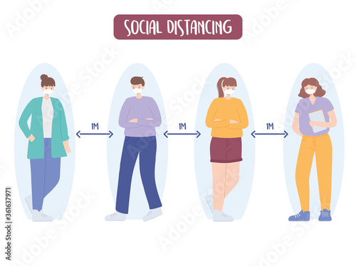 covid 19 coronavirus social distancing prevention, keep distance in public society, outbreak spreading, people with medical face mask