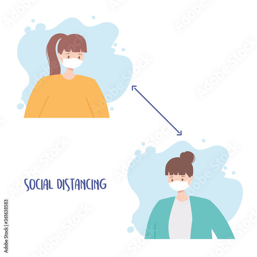covid 19 coronavirus social distancing prevention, women with medical face mask, outbreak spreading