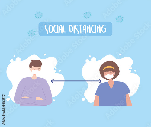 covid 19 coronavirus social distancing prevention, man and woman maintain a distance measures protection, outbreak spreading, people with medical face mask