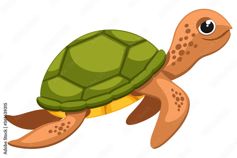 Obraz premium A sea turtle smiles and swims. The character