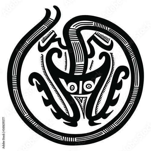 Isolated vector illustration. Fantastic mythological animal or monster with long tail. Native American tribal motif from ancient Panama. Black and white silhouette.