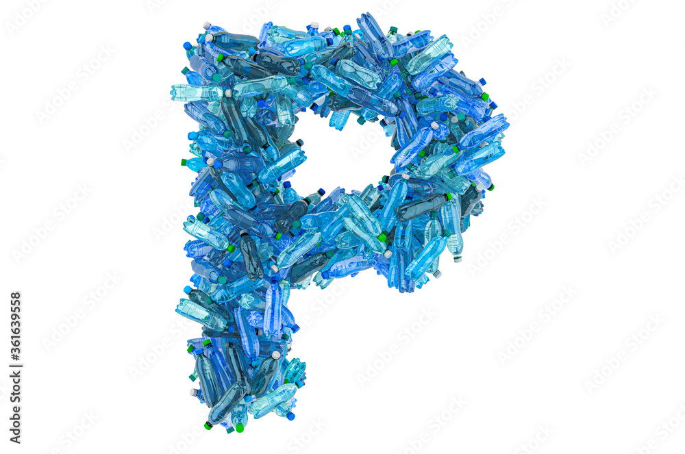 Letter P from plastic water bottles, 3D rendering Letter P from plastic water bottles, 3D rendering