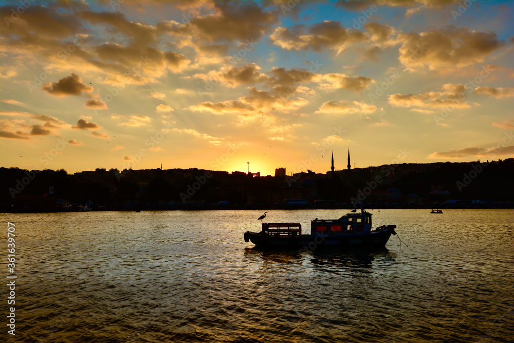 Bosphorus and silhouette of sunset. Istanbul Turkey