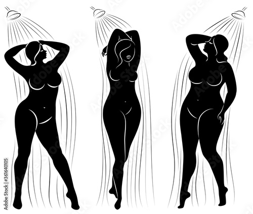 Collection. Silhouette figure of a big woman. The girl washes in the shower. A woman is overweight, she is beautiful and sexy. Vector illustration set.