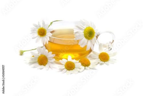 Cup of herbal tea with chamomile flowers