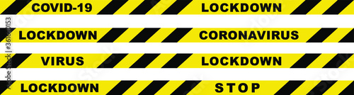 Black and yellow warning tapes on a transparent background. Lockdown coronavirus. Stop, covid-19, border closed, do not cross.