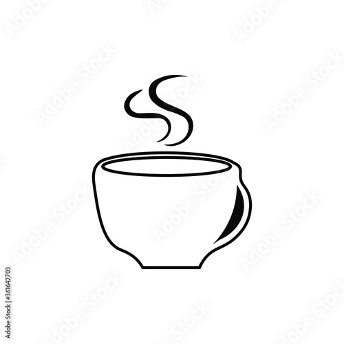 The mug icon is black and white. Cup sign with steam. Symbol of coffee shop and teahouse. Flat vector graphics.