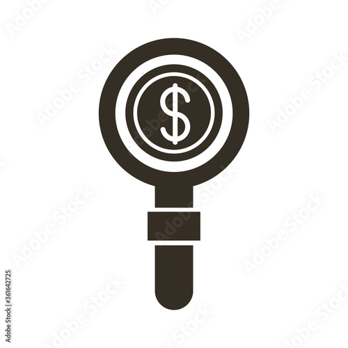 coin dollar with magnifying glass silhouette style icon