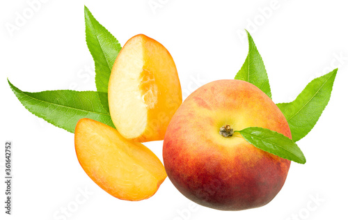 peach fruit with green leaf and slice isolated on white background